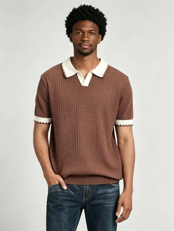 Vintage Contrast Scalloped V-Collar Knit Polo, Solid Textured Short Sleeve Premium Pullover for Men - Image 22