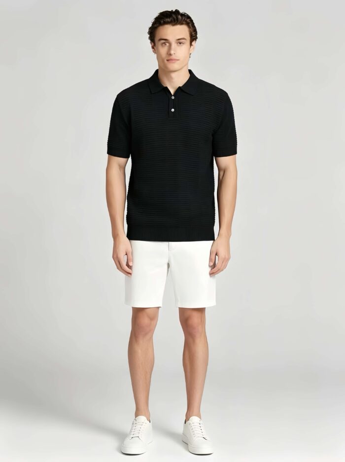 Vintage Hollow Vertical Textured Collared Knit Polo, Solid Heather Short Sleeve Premium Pullover for Men - Image 6
