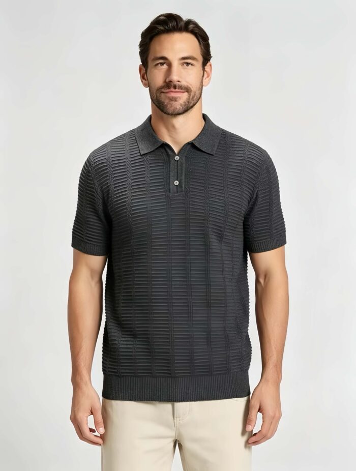 Vintage Hollow Vertical Textured Collared Knit Polo, Solid Heather Short Sleeve Premium Pullover for Men - Image 2