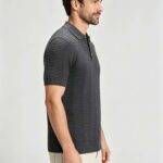 Vintage Hollow Vertical Textured Collared Knit Polo, Solid Heather Short Sleeve Premium Pullover for Men