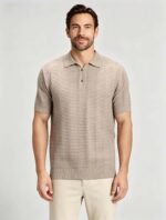 Vintage Hollow Vertical Textured Collared Knit Polo, Solid Heather Short Sleeve Premium Pullover for Men - Image 14