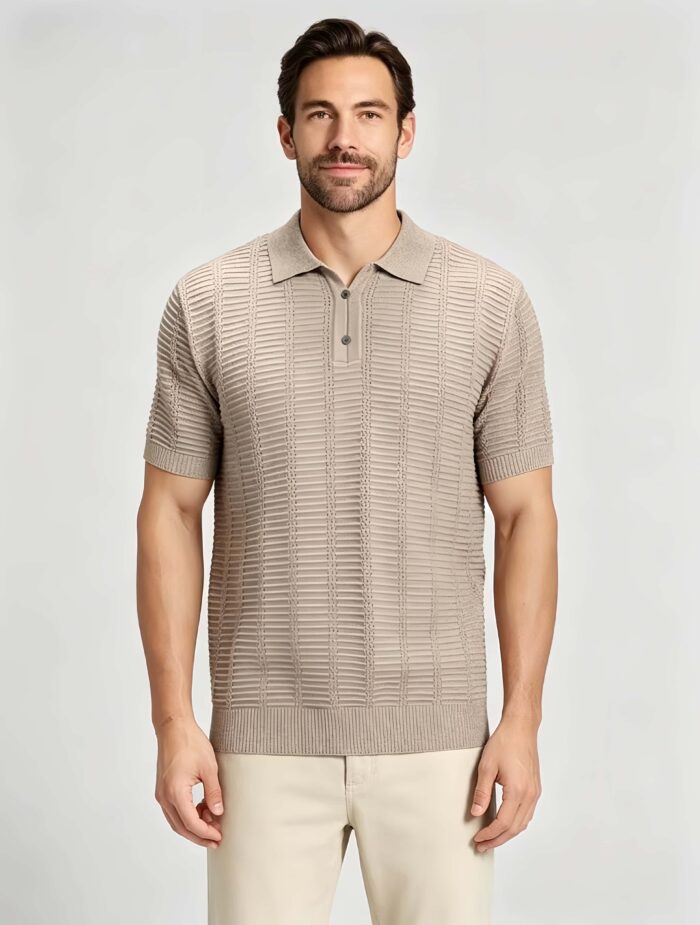 Vintage Hollow Vertical Textured Collared Knit Polo, Solid Heather Short Sleeve Premium Pullover for Men - Image 14