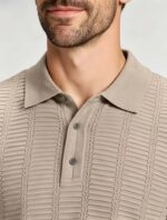Vintage Hollow Vertical Textured Collared Knit Polo, Solid Heather Short Sleeve Premium Pullover for Men - Image 16