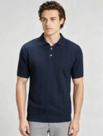Vintage Hollow Vertical Textured Collared Knit Polo, Solid Heather Short Sleeve Premium Pullover for Men - Image 18
