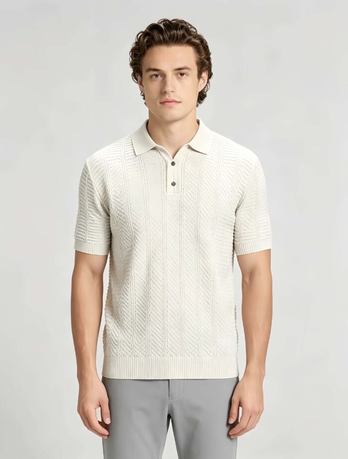 Vintage Hollow Vertical Textured Collared Knit Polo, Solid Heather Short Sleeve Premium Pullover for Men - Image 22