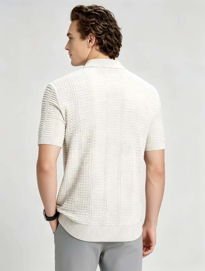 Vintage Hollow Vertical Textured Collared Knit Polo, Solid Heather Short Sleeve Premium Pullover for Men - Image 25