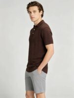 Vintage Hollow Vertical Textured Collared Knit Polo, Solid Heather Short Sleeve Premium Pullover for Men - Image 27