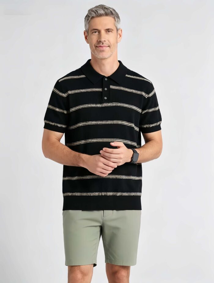 Vintage Thin Horizontal Striped Collared Knit Polo, Solid Heather Short Sleeve Premium Pullover for Men - Image 25