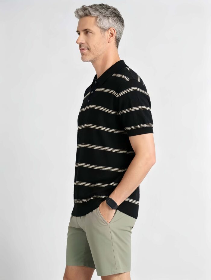 Vintage Thin Horizontal Striped Collared Knit Polo, Solid Heather Short Sleeve Premium Pullover for Men - Image 24
