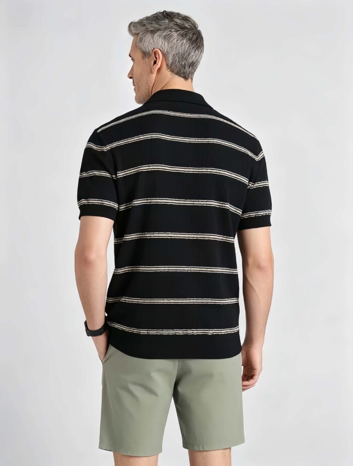 Vintage Thin Horizontal Striped Collared Knit Polo, Solid Heather Short Sleeve Premium Pullover for Men - Image 22