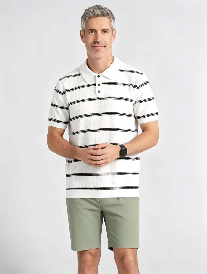 Vintage Thin Horizontal Striped Collared Knit Polo, Solid Heather Short Sleeve Premium Pullover for Men - Image 21