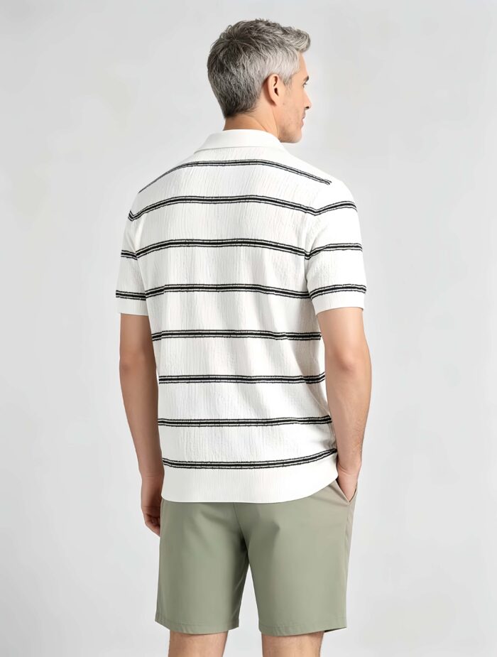 Vintage Thin Horizontal Striped Collared Knit Polo, Solid Heather Short Sleeve Premium Pullover for Men - Image 18