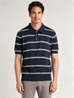 Vintage Thin Horizontal Striped Collared Knit Polo, Solid Heather Short Sleeve Premium Pullover for Men - Image 2
