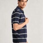 Vintage Thin Horizontal Striped Collared Knit Polo, Solid Heather Short Sleeve Premium Pullover for Men
