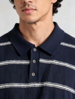 Vintage Thin Horizontal Striped Collared Knit Polo, Solid Heather Short Sleeve Premium Pullover for Men - Image 5