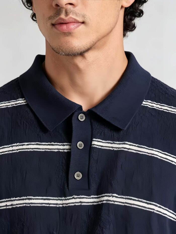 Vintage Thin Horizontal Striped Collared Knit Polo, Solid Heather Short Sleeve Premium Pullover for Men - Image 5