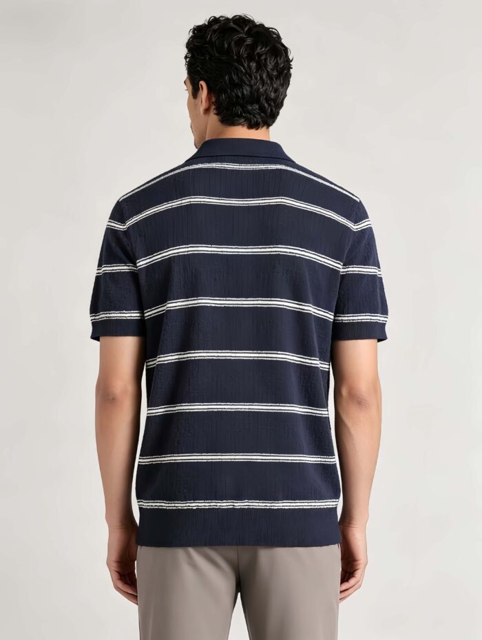 Vintage Thin Horizontal Striped Collared Knit Polo, Solid Heather Short Sleeve Premium Pullover for Men - Image 3