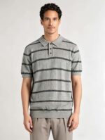 Vintage Thin Horizontal Striped Collared Knit Polo, Solid Heather Short Sleeve Premium Pullover for Men - Image 17