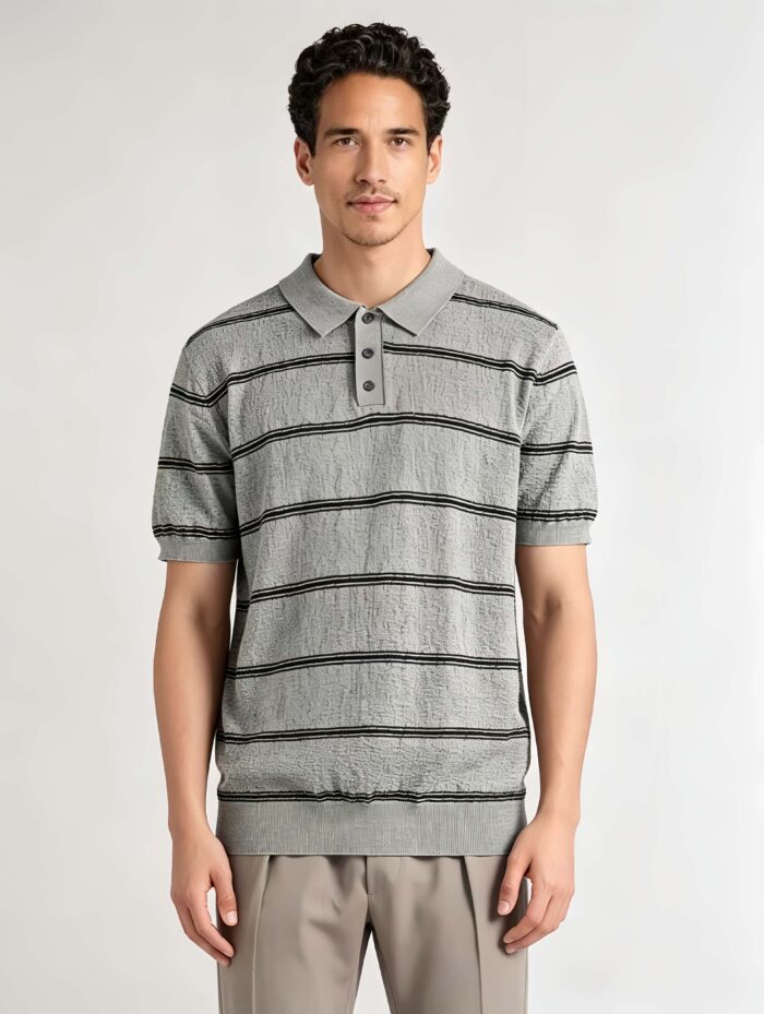 Vintage Thin Horizontal Striped Collared Knit Polo, Solid Heather Short Sleeve Premium Pullover for Men - Image 17