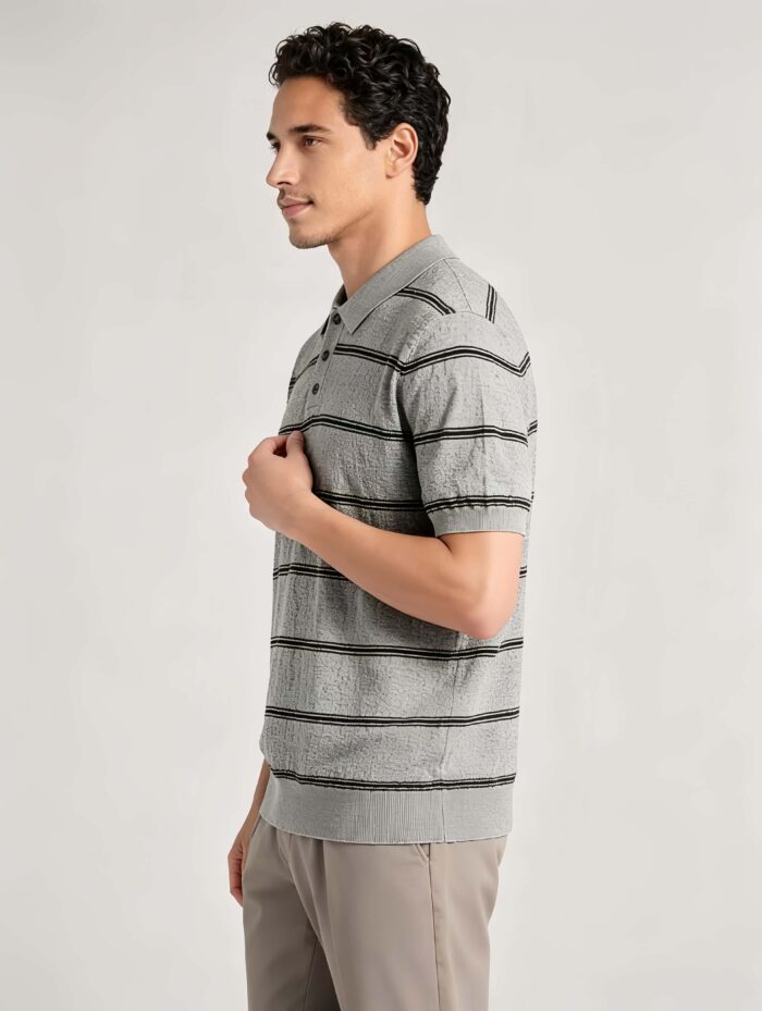 Vintage Thin Horizontal Striped Collared Knit Polo, Solid Heather Short Sleeve Premium Pullover for Men - Image 16
