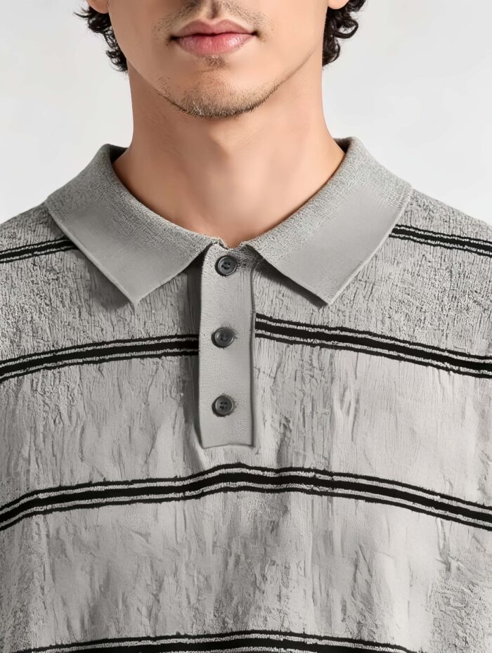 Vintage Thin Horizontal Striped Collared Knit Polo, Solid Heather Short Sleeve Premium Pullover for Men - Image 15