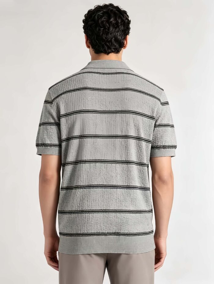 Vintage Thin Horizontal Striped Collared Knit Polo, Solid Heather Short Sleeve Premium Pullover for Men - Image 14