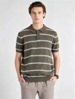 Vintage Thin Horizontal Striped Collared Knit Polo, Solid Heather Short Sleeve Premium Pullover for Men - Image 13
