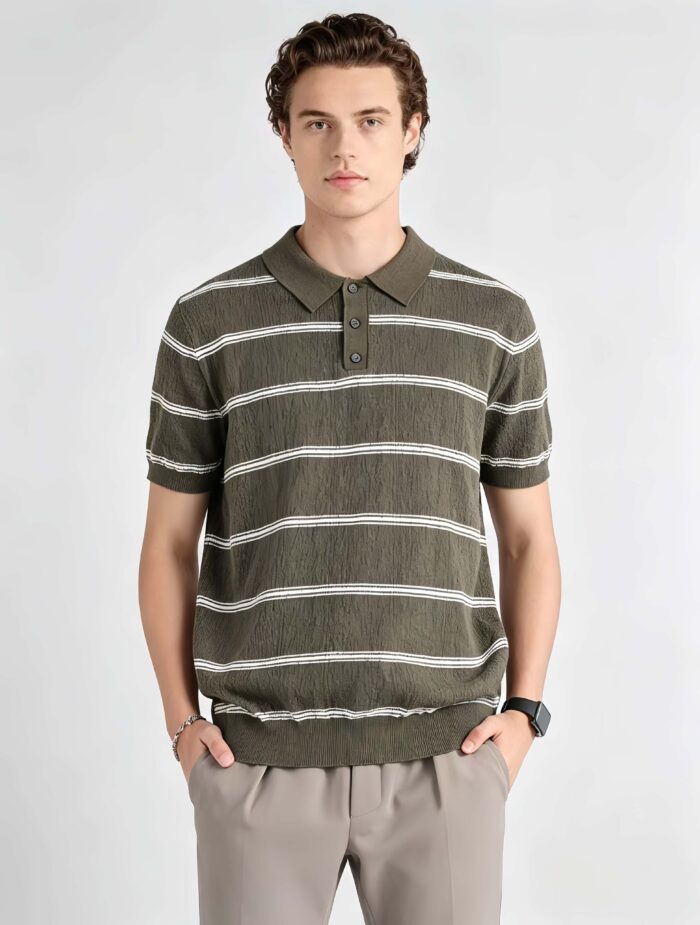 Vintage Thin Horizontal Striped Collared Knit Polo, Solid Heather Short Sleeve Premium Pullover for Men - Image 13