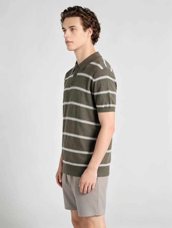 Vintage Thin Horizontal Striped Collared Knit Polo, Solid Heather Short Sleeve Premium Pullover for Men - Image 12