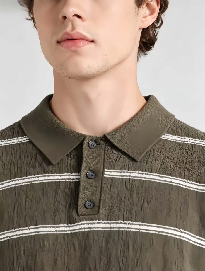 Vintage Thin Horizontal Striped Collared Knit Polo, Solid Heather Short Sleeve Premium Pullover for Men - Image 11