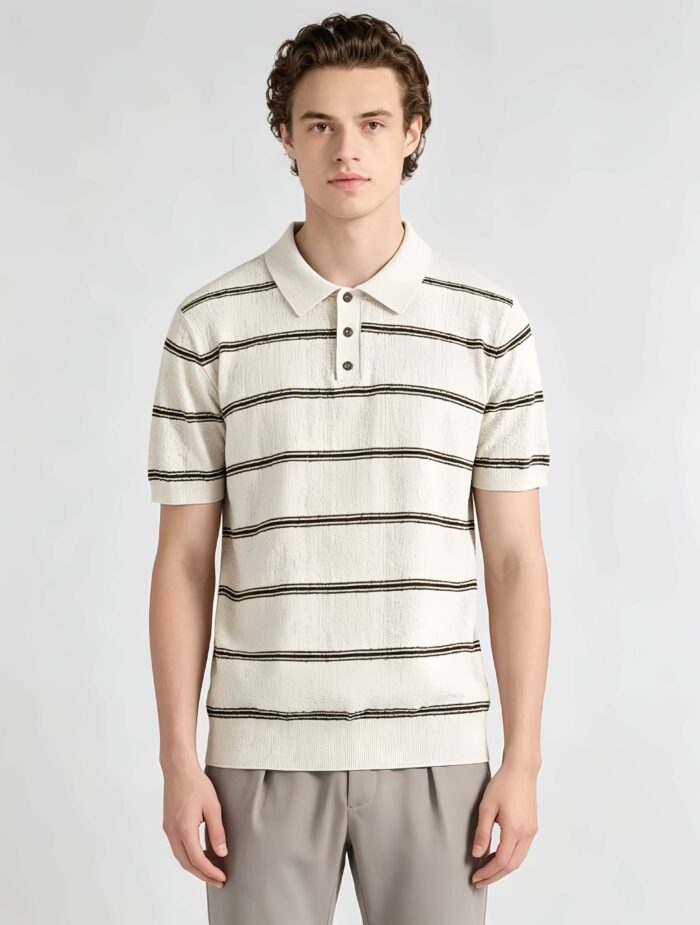 Vintage Thin Horizontal Striped Collared Knit Polo, Solid Heather Short Sleeve Premium Pullover for Men - Image 9