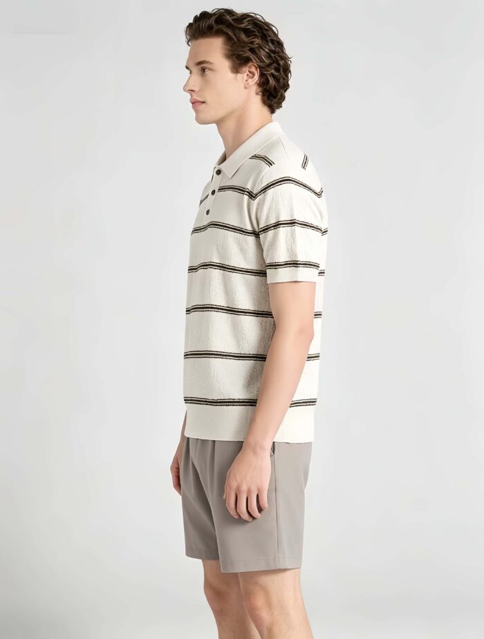 Vintage Thin Horizontal Striped Collared Knit Polo, Solid Heather Short Sleeve Premium Pullover for Men - Image 8