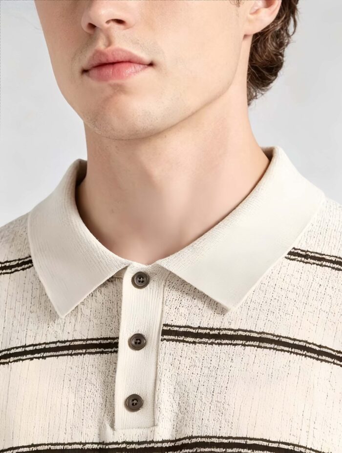 Vintage Thin Horizontal Striped Collared Knit Polo, Solid Heather Short Sleeve Premium Pullover for Men - Image 7
