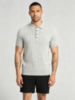 Vintage Hollow Vertical Textured Collared Knit Polo, Solid Heather Short Sleeve Premium Pullover for Men - Image 17