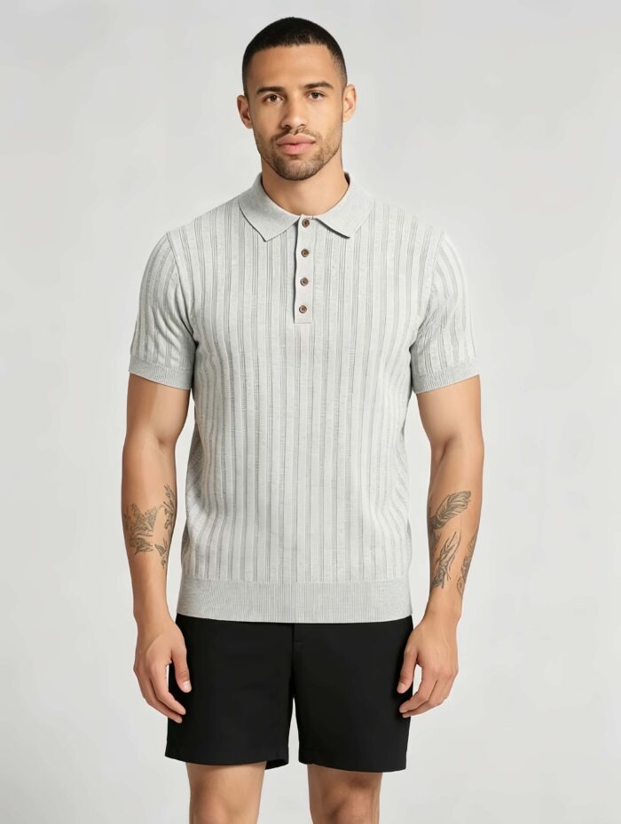 Vintage Hollow Vertical Textured Collared Knit Polo, Solid Heather Short Sleeve Premium Pullover for Men - Image 17