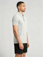 Vintage Hollow Vertical Textured Collared Knit Polo, Solid Heather Short Sleeve Premium Pullover for Men - Image 16
