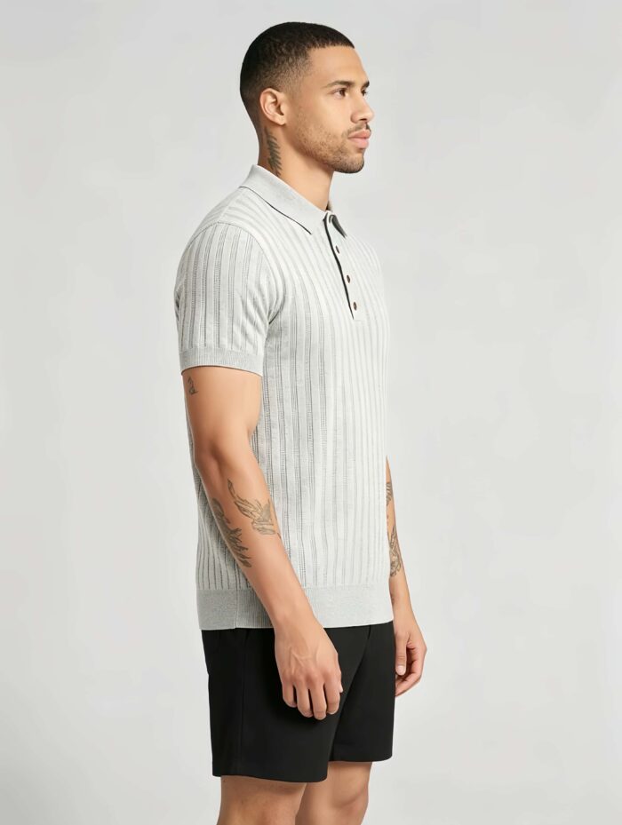 Vintage Hollow Vertical Textured Collared Knit Polo, Solid Heather Short Sleeve Premium Pullover for Men - Image 16