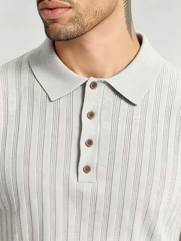 Vintage Hollow Vertical Textured Collared Knit Polo, Solid Heather Short Sleeve Premium Pullover for Men - Image 15