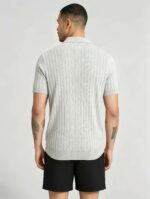 Vintage Hollow Vertical Textured Collared Knit Polo, Solid Heather Short Sleeve Premium Pullover for Men - Image 14