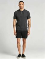 Vintage Hollow Vertical Textured Collared Knit Polo, Solid Heather Short Sleeve Premium Pullover for Men - Image 13