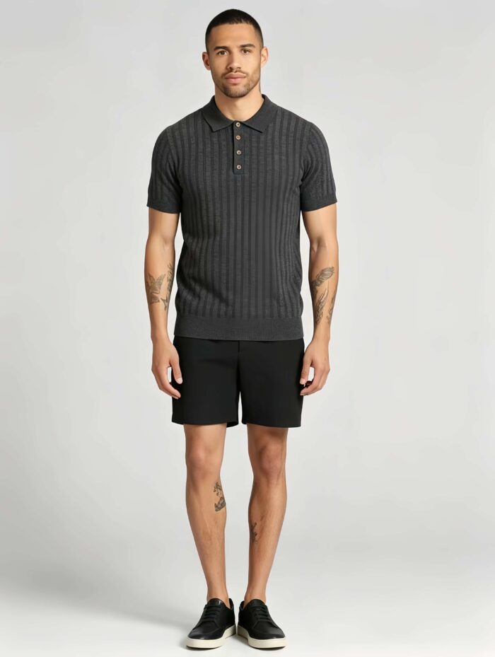 Vintage Hollow Vertical Textured Collared Knit Polo, Solid Heather Short Sleeve Premium Pullover for Men - Image 13