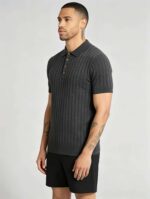 Vintage Hollow Vertical Textured Collared Knit Polo, Solid Heather Short Sleeve Premium Pullover for Men - Image 12