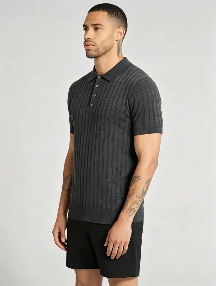 Vintage Hollow Vertical Textured Collared Knit Polo, Solid Heather Short Sleeve Premium Pullover for Men - Image 12