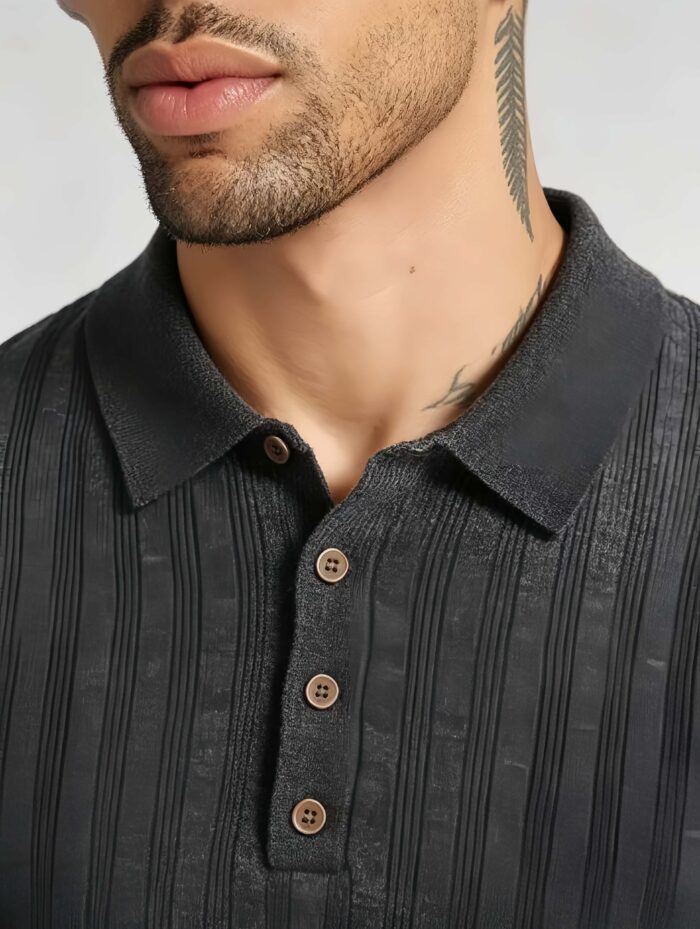 Vintage Hollow Vertical Textured Collared Knit Polo, Solid Heather Short Sleeve Premium Pullover for Men - Image 11