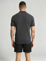 Vintage Hollow Vertical Textured Collared Knit Polo, Solid Heather Short Sleeve Premium Pullover for Men - Image 10