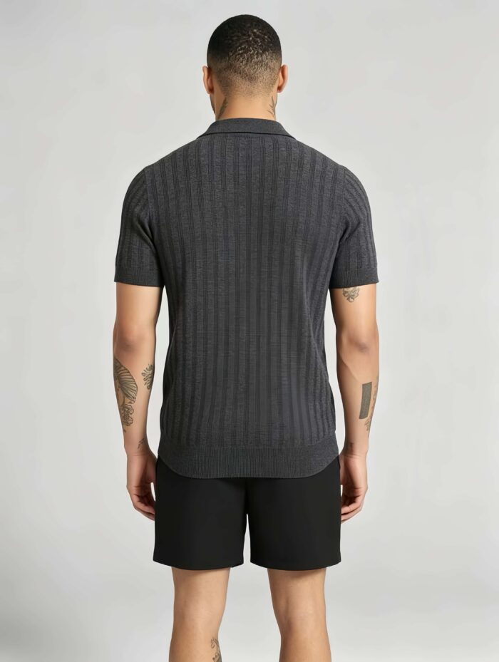 Vintage Hollow Vertical Textured Collared Knit Polo, Solid Heather Short Sleeve Premium Pullover for Men - Image 10
