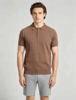 Vintage Hollow Vertical Textured Collared Knit Polo, Solid Heather Short Sleeve Premium Pullover for Men - Image 9