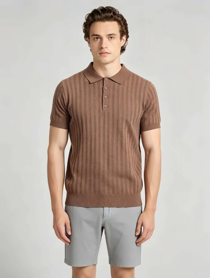 Vintage Hollow Vertical Textured Collared Knit Polo, Solid Heather Short Sleeve Premium Pullover for Men - Image 9