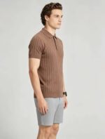 Vintage Hollow Vertical Textured Collared Knit Polo, Solid Heather Short Sleeve Premium Pullover for Men - Image 8