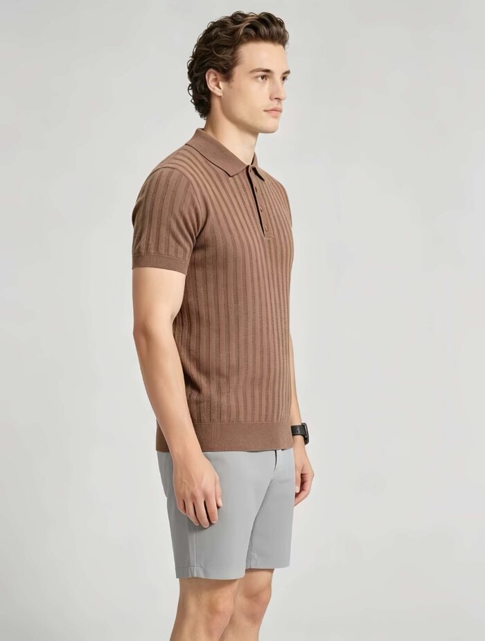 Vintage Hollow Vertical Textured Collared Knit Polo, Solid Heather Short Sleeve Premium Pullover for Men - Image 8